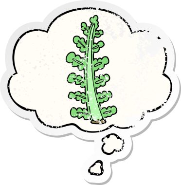 Düşünce baloncuğu olan karikatür bitkisi insan tarafından çizilmiş yıpranmış bir çıkartma.