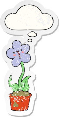 Düşünce baloncuğu olan sevimli bir karikatür çiçeği insan tarafından çizilmiş yıpranmış bir çıkartma gibi.