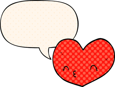 bir insan tarafından çizilmiş çizgi roman tarzında yüz ve konuşma baloncuğu olan karikatür kalp