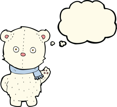 Bir insan tarafından çizilmiş düşünce baloncuğu ile kutup ayısı yavrusu sallayan çizgi film