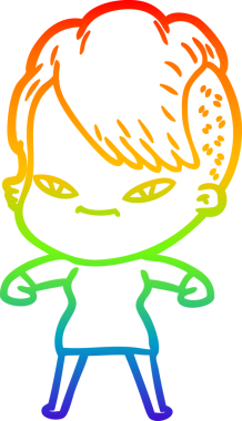 Gökkuşağı gradyan çizimi. Hipster saç kesimi bir insan tarafından çizilmiş şirin bir çizgi film kızı.