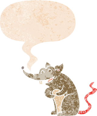 Konuşma baloncuğu olan çizgi film faresi bir insan tarafından çizilmiş dertli retro desenli