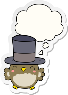 Düşünce baloncuklu silindir şapka takan baykuş bir insan tarafından çizilmiş çıkartma.