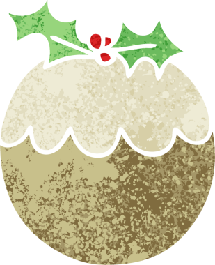 Bir insan tarafından çizilmiş retro illüstrasyon tarzı tuhaf bir çizgi film noel pudingi.