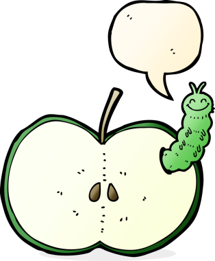bir insan tarafından çizilmiş konuşma balonlu elma yiyen çizgi film böceği