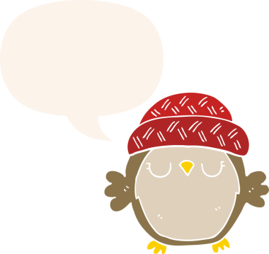 Bir insan tarafından çizilmiş konuşma baloncuğu ile şapkalı sevimli bir baykuş.