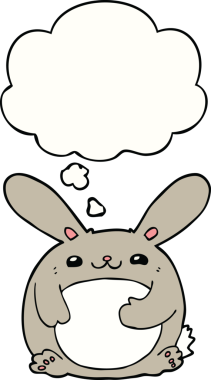 Bir insan tarafından çizilmiş düşünce kabarcığı olan çizgi film tavşanı.