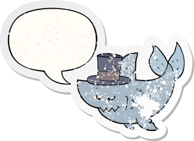 Konuşma baloncuğu olan silindir şapka takan çizgi film köpekbalığı bir insan tarafından çizilmiş sıkıntılı eski bir çıkartma