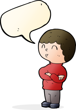 Bir insan tarafından çizilmiş, kolları katlanmış, konuşma balonu olan çizgi film çocuğu.