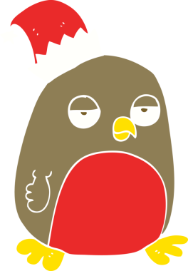 Bir insan tarafından çizilmiş Noel Baba şapkası giymiş Robin 'in düz renk çizimi