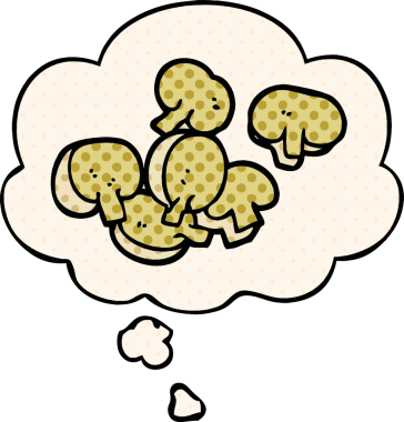 Bir insan tarafından çizilmiş çizgi roman tarzında düşünce baloncuklu doğranmış mantarlar.