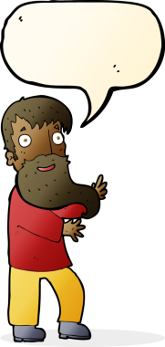 Bir insan tarafından çizilmiş konuşma baloncuğuyla heyecanlı sakallı adam.