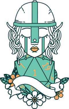 Retro Dövme Tarzı Ağlayan Elf Savaşçısı karakteri yüzü ve bir insan tarafından çizilmiş D20 rulosu.