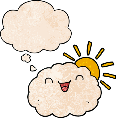 Bir insan tarafından çizilmiş grunge dokuma tarzında düşünce baloncuğu olan mutlu çizgi film bulutu