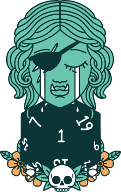 Retro Dövme Tarzı Ağlama Yarı Ork haylaz karakter Doğal bir D20 rulo ile bir insan tarafından çizilmiş