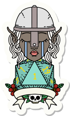 Ağlayan bir elf savaşçı karakterinin çıkartması. Doğal bir insan tarafından çizilmiş bir D20 rulo.