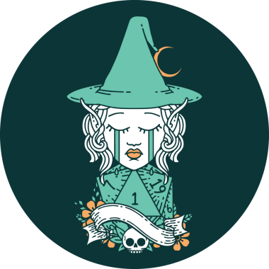 Ağlayan Elf Büyücüsü karakteri yüzü ve bir insan tarafından çizilmiş doğal bir D20 rulosu.