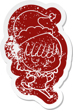 Bir insan tarafından çizilmiş Noel Baba şapkası giyen bir kadının garip bir karikatürü.