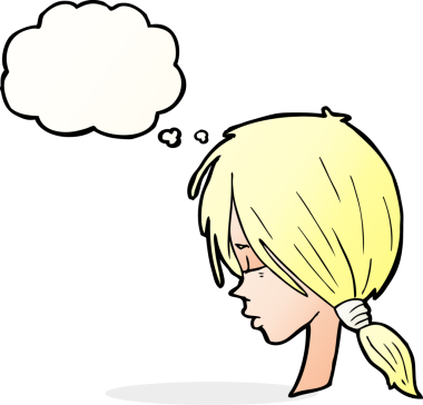 Bir insan tarafından çizilmiş düşünce baloncuğu ile düşünceli görünen çizgi film kızı.