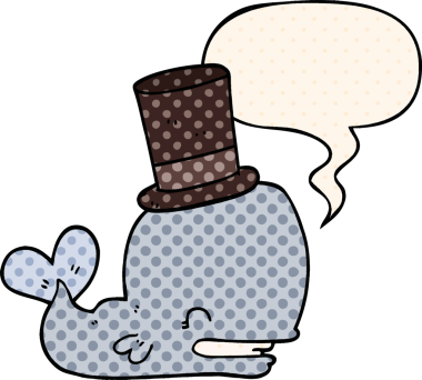 Çizgi roman tarzında konuşan balina silindir şapkalı bir insan tarafından çizilmiş.