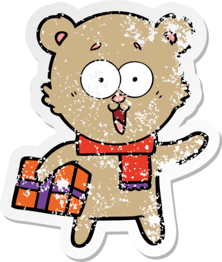 Bir insan tarafından çizilmiş Noel hediyeli gülen oyuncak ayının sıkıntılı çıkartması.