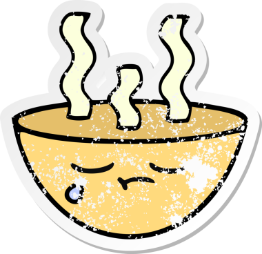 Bir insan tarafından çizilmiş sıcak çorba kasesinin hüzünlü çıkartması.