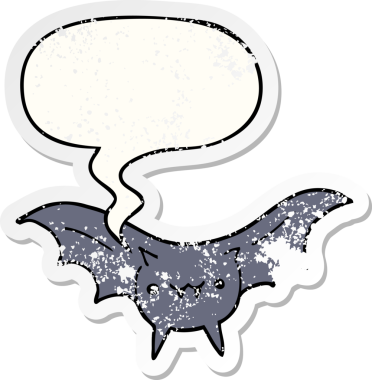 Konuşma baloncuğu olan karikatür yarasası bir insan tarafından çizilmiş sıkıntılı eski bir çıkartma