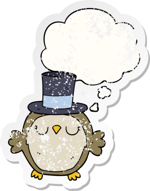 Düşünce baloncuklu silindir şapka takan baykuş dertli bir çıkartma gibi bir insan tarafından çizilmiş.