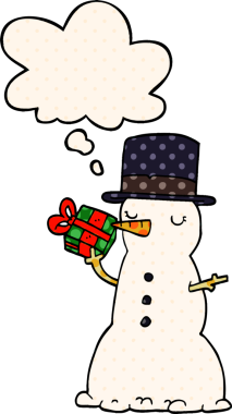 Çizgi roman tarzında bir insan tarafından çizilmiş düşünce balonlu kardan adam.