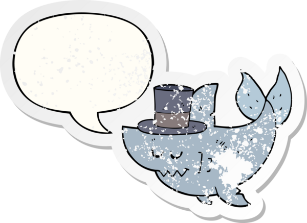 Konuşma baloncuğu olan silindir şapka takan çizgi film köpekbalığı bir insan tarafından çizilmiş sıkıntılı eski bir çıkartma