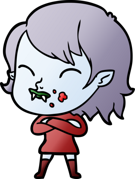 Bir insan tarafından çizilmiş yanağında kan olan vampir kız çizgi filmi.