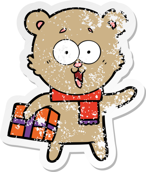 Bir insan tarafından çizilmiş Noel hediyeli gülen oyuncak ayının sıkıntılı çıkartması.