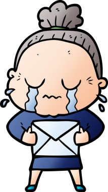 Bir insan tarafından çizilmiş bir mektupla ağlayan yaşlı bir kadın.