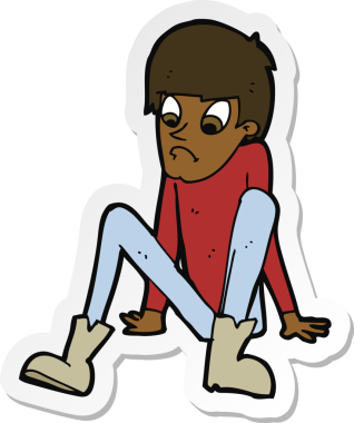 Bir insan tarafından çizilmiş yerde oturan bir çizgi film çocuğunun çıkartması.