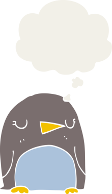 Düşünce baloncuğu olan bir penguen insan tarafından çizilmiş.