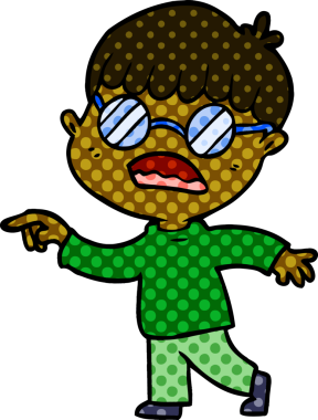 Bir insan tarafından çizilmiş gözlük takan çizgi film çocuğu.