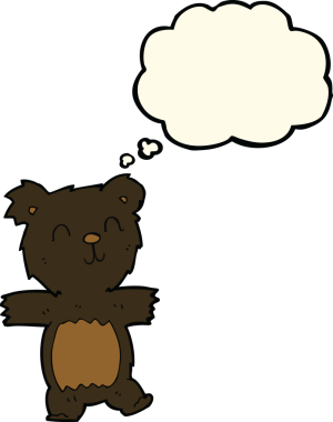 Bir insan tarafından çizilmiş düşünce baloncuğu olan sevimli siyah ayı yavrusu.