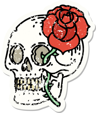 Geleneksel bir kafatası stili ve bir insan tarafından çizilmiş gül dövmesi.