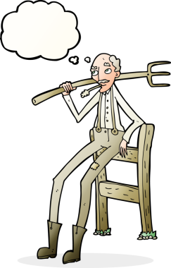 Çizgi film yaşlı çiftçi bir insan tarafından çizilmiş düşünce balonuyla çitlere yaslanıyor.