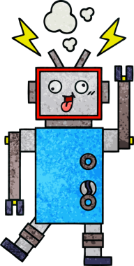 Bir insan tarafından çizilmiş çatlak bir robotun retro grunge desen karikatürü