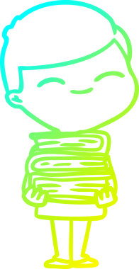 Bir insan tarafından çizilmiş kitap yığınıyla gülümseyen bir çizgi film çocuğu çizimi.