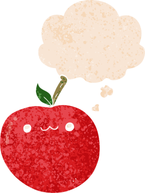 Düşünce baloncuğu ve grunge ile çizgi film şirin elma bir insan tarafından çizilmiş sıkıntılı retro desen tarzı