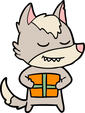 Bir insan tarafından çizilmiş Noel hediyesini taşıyan dost canlısı çizgi film kurdu.