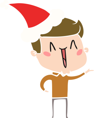 Bir insan tarafından çizilmiş Noel Baba şapkası giyen heyecanlı bir adamın düz renkli çizimi.