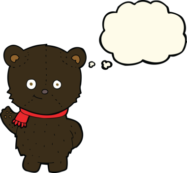 Bir insan tarafından çizilmiş düşünce baloncuğu olan sevimli çizgi film kara ayısı.