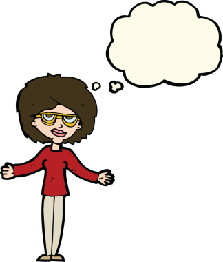 Bir insan tarafından çizilmiş düşünce balonlu gözlük takan çizgi film kadını.