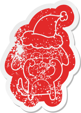 Bir insan tarafından çizilmiş Noel Baba şapkası takan yorgun bir köpeğin garip bir karikatürü.