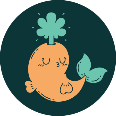 Dövme stili bir ikon Bir insan tarafından çizilmiş mutlu fışkırtan balina karakteri