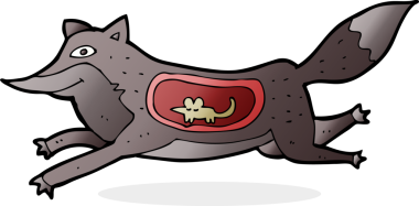 Bir insan tarafından karnında fare olan çizgi film kurdu.