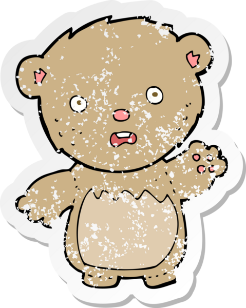 Bir insan tarafından çizilmiş endişeli bir oyuncak ayının gerilmiş çıkartması.